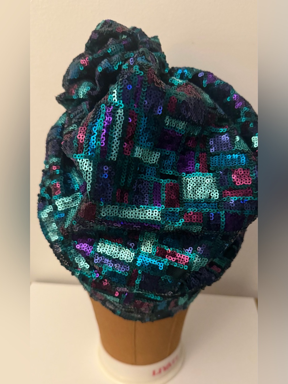Sassy Jones Sequin Turban Headwrap in Teal, Purple & Black - Picture 3 of 5